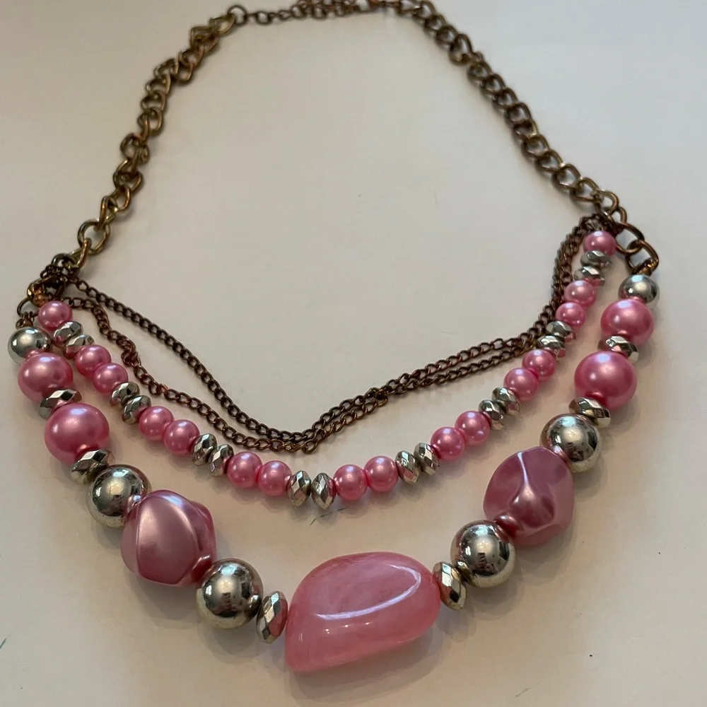 Pink and Silver Beaded Necklace